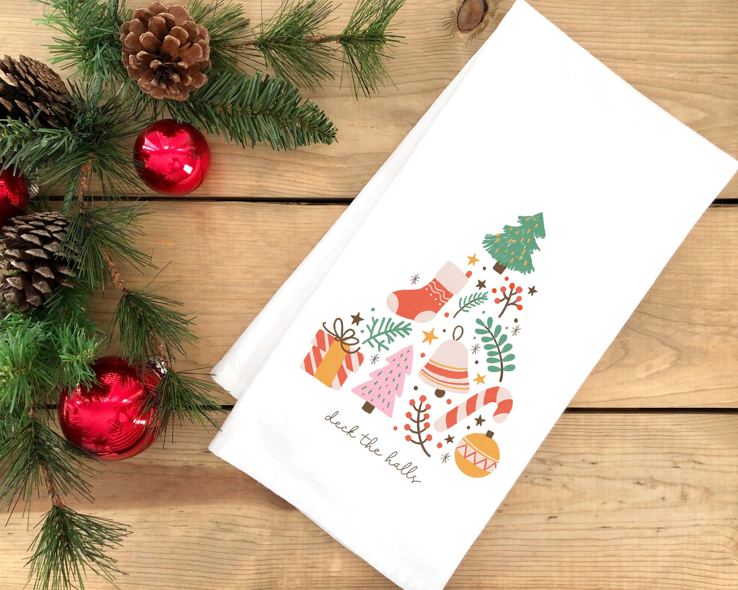 Set of 3 Pastel Christmas Flour Sack Dish Towels Hanging Loop Pink Red Green Dish Hand Towel Holiday Kitchen Decor Hostess Gift for Women