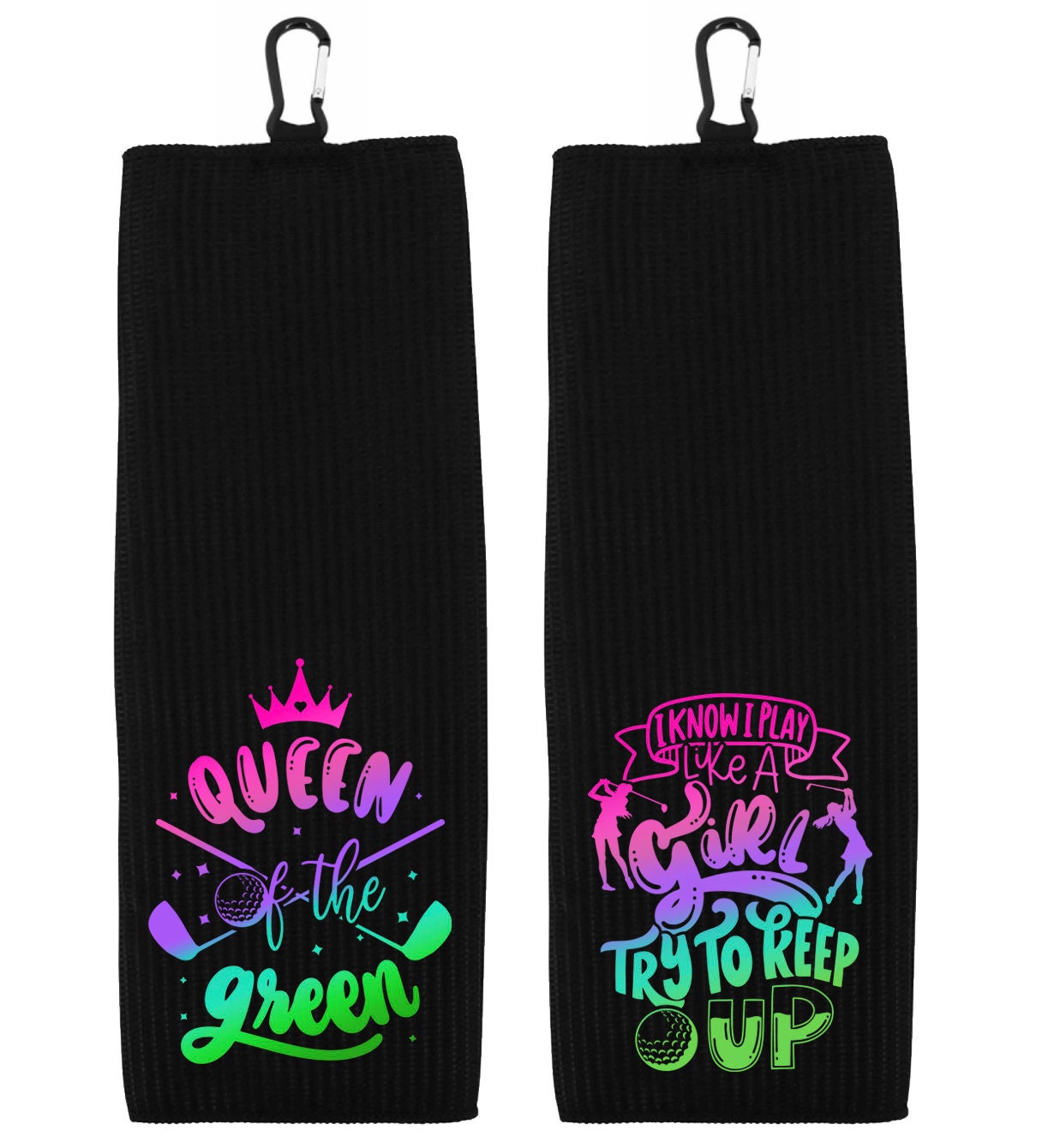 Queen of the Green and I Know I Play Like a Girl Try to Keep Up Rainbow Tri-fold Golf Towel Set of 2 100% Microfiber Waffle Weave Gift