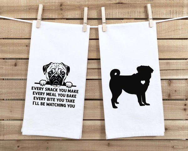Pug Flour Sack Kitchen Towel Gift Set of Two Funny Dish Towels Birthday Christmas Gift for Women Men Dog Lovers Mom Dad Dog Lover Owner