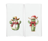 Set of 2 Christmas Cactus Cowboy Snowman Flour Sack Kitchen Towels Country Western Desert Holiday Home Decor Party Decorations
