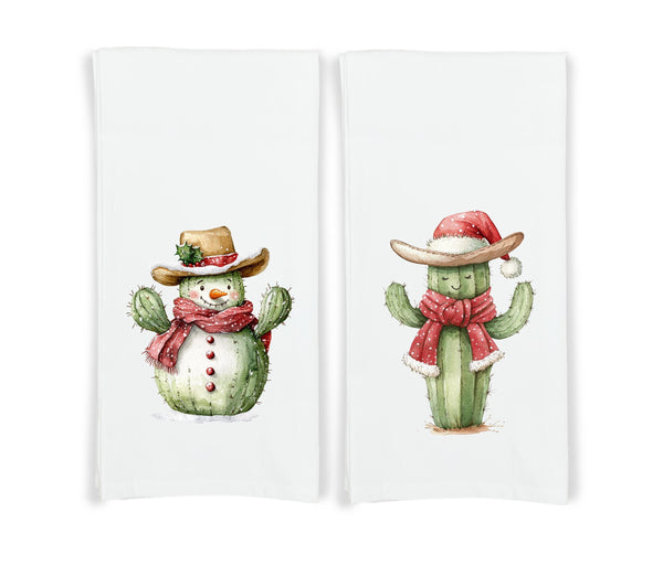 Set of 2 Christmas Cactus Cowboy Snowman Flour Sack Kitchen Towels Country Western Desert Holiday Home Decor Party Decorations