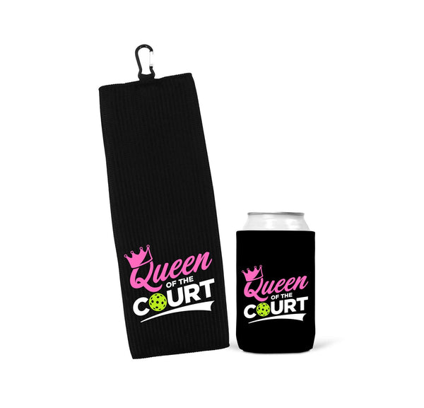 Queen of the Court Pickleball Can Cooler Sleeves - Pink Green and Black - Regular or Skinny 12oz Beverage Beer Soda Party Favor Player Gift