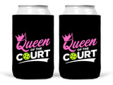 Queen of the Court Pickleball Can Cooler Sleeves - Pink Green and Black - Regular or Skinny 12oz Beverage Beer Soda Party Favor Player Gift