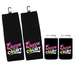 Queen of the Court Pickleball Can Cooler Sleeves - Pink Green and Black - Regular or Skinny 12oz Beverage Beer Soda Party Favor Player Gift