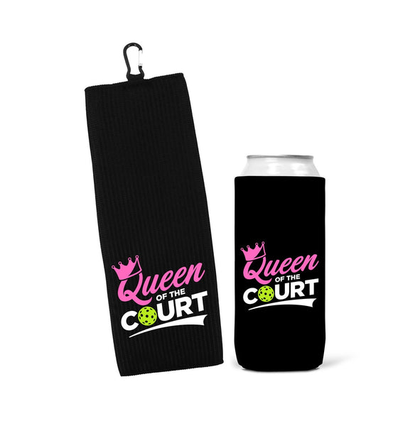Queen of the Court Pickleball Can Cooler Sleeves - Pink Green and Black - Regular or Skinny 12oz Beverage Beer Soda Party Favor Player Gift