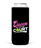 Queen of the Court Pickleball Can Cooler Sleeves - Pink Green and Black - Regular or Skinny 12oz Beverage Beer Soda Party Favor Player Gift