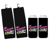 Queen of the Court Pickleball Can Cooler Sleeves - Pink Green and Black - Regular or Skinny 12oz Beverage Beer Soda Party Favor Player Gift