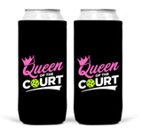 Queen of the Court Pickleball Can Cooler Sleeves - Pink Green and Black - Regular or Skinny 12oz Beverage Beer Soda Party Favor Player Gift