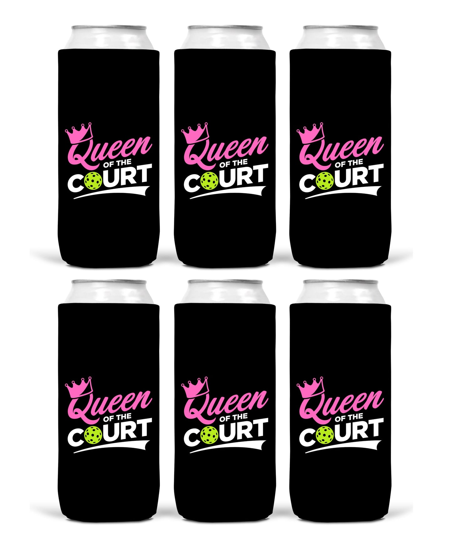 Queen of the Court Pickleball Can Cooler Sleeves - Pink Green and Black - Regular or Skinny 12oz Beverage Beer Soda Party Favor Player Gift