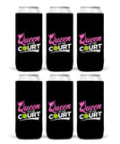 Queen of the Court Pickleball Can Cooler Sleeves - Pink Green and Black - Regular or Skinny 12oz Beverage Beer Soda Party Favor Player Gift