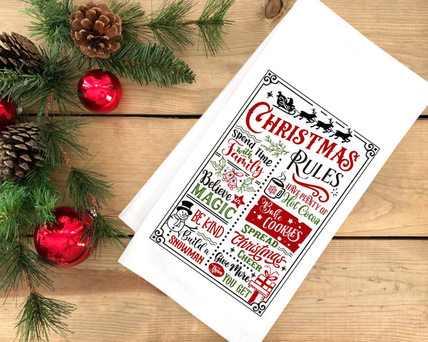 Christmas Rules Tea Towel Cute Colorful Flour Sack Kitchen Towel Farmhouse Home Decor Decoration for Men Women Family Friends