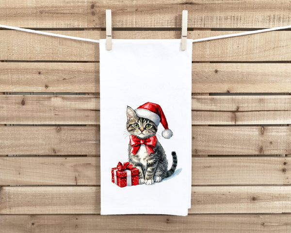 Gray Tabby Cat Christmas Flour Sack Kitchen Towel Cute Xmas Kitty Dish Cloth Housewarming Hostess Birthday Christmas Gift