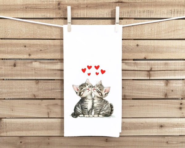 Two Gray Tabby Kittens Valentine Cats Flour Sack Cotton Hand Towel Cat Lover Valentine's Day Birthday Mother's Day Christmas Gift Idea