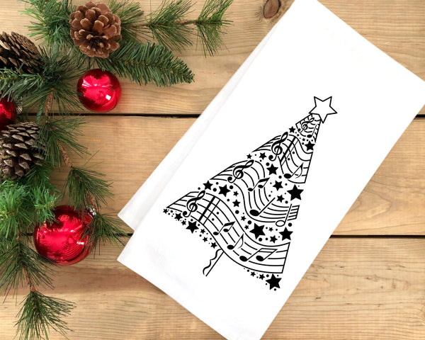 Music Notes Christmas Tree Black and White Musical Hand Towel Flour Sack Kitchen Holiday Home Decor Decorations for Men Women