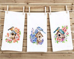 Set of 3 Watercolor Birdhouse Tea Towels Cute Watercolor Pastel Heart Hand Flour Sack Dish Towel Valentine's Birthday Mother's Day Gift