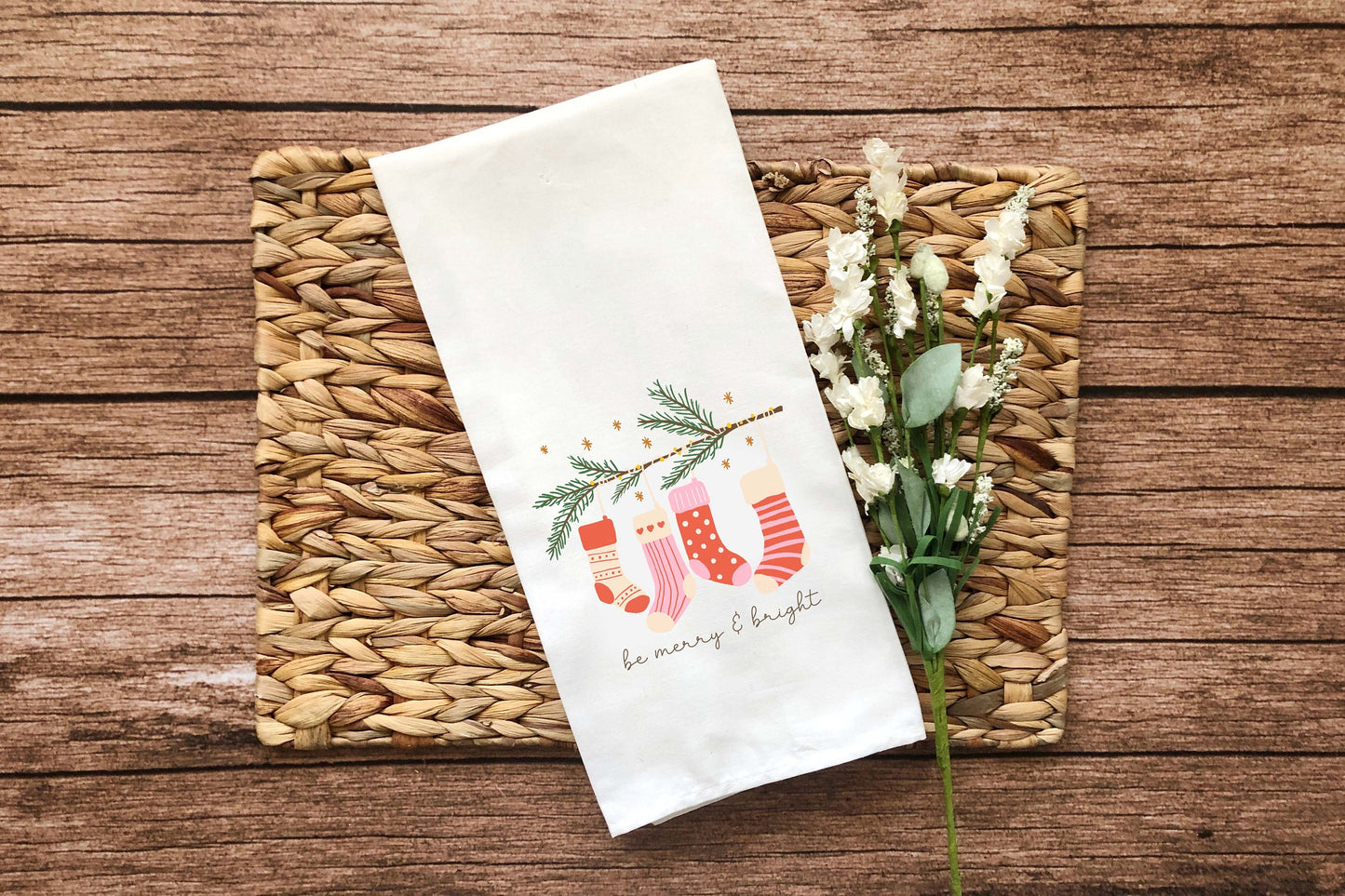 Ber Merry and Bright Pink Christmas Stockings Flour Sack Towel with Hanging Loop Cute Dish Hand Kitchen Decor Holiday Decorations Gift