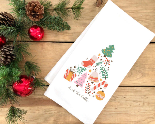 Deck the Halls Christmas Tree Flour Sack Towel with Hanging Loop Cute Pastel Pink Green Dish Hand Kitchen Decor Holiday Decorations Gift