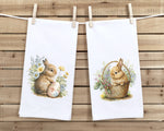 Watercolor Easter Bunnies Set of 2 Tea Towels Rabbit Floral Spring Vintage Style Flour Sack sh Bathroom or Kitchen Decor Hand Towel