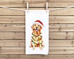 Golden Retriever Wrapped in Christmas Lights Flour Sack Cotton Hand Towel Dog Lover Hostess Birthday Christmas Gift Idea