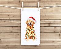 Golden Retriever Wrapped in Christmas Lights Flour Sack Cotton Hand Towel Dog Lover Hostess Birthday Christmas Gift Idea
