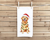 Golden Retriever Wrapped in Christmas Lights Flour Sack Cotton Hand Towel Dog Lover Hostess Birthday Christmas Gift Idea
