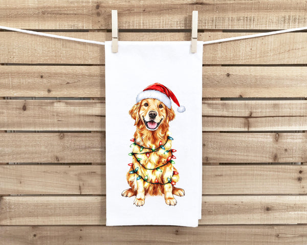 Golden Retriever Wrapped in Christmas Lights Flour Sack Cotton Hand Towel Dog Lover Hostess Birthday Christmas Gift Idea