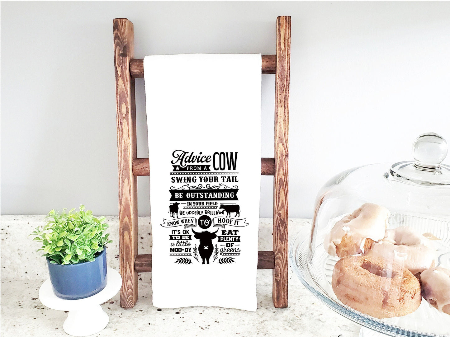 Advice from a Cow Funny Flour Sack Kitchen Towel with Saying Farmhouse Rustic Farm Themed Birthday Housewarming New Home Christmas Gift Idea