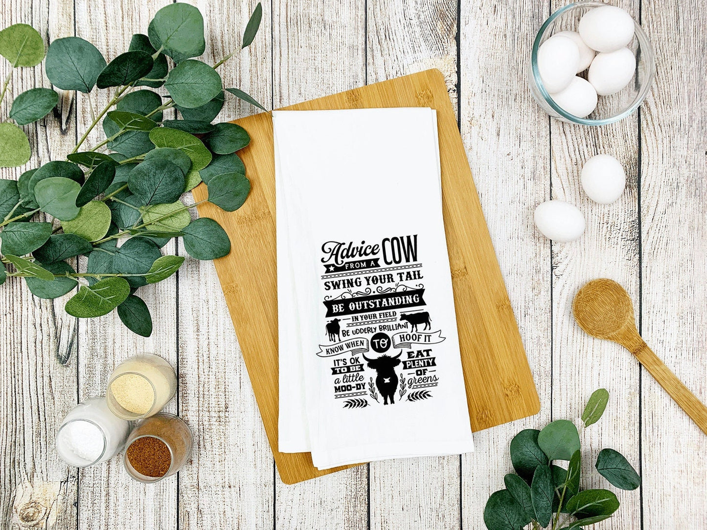 Advice from a Cow Funny Flour Sack Kitchen Towel with Saying Farmhouse Rustic Farm Themed Birthday Housewarming New Home Christmas Gift Idea