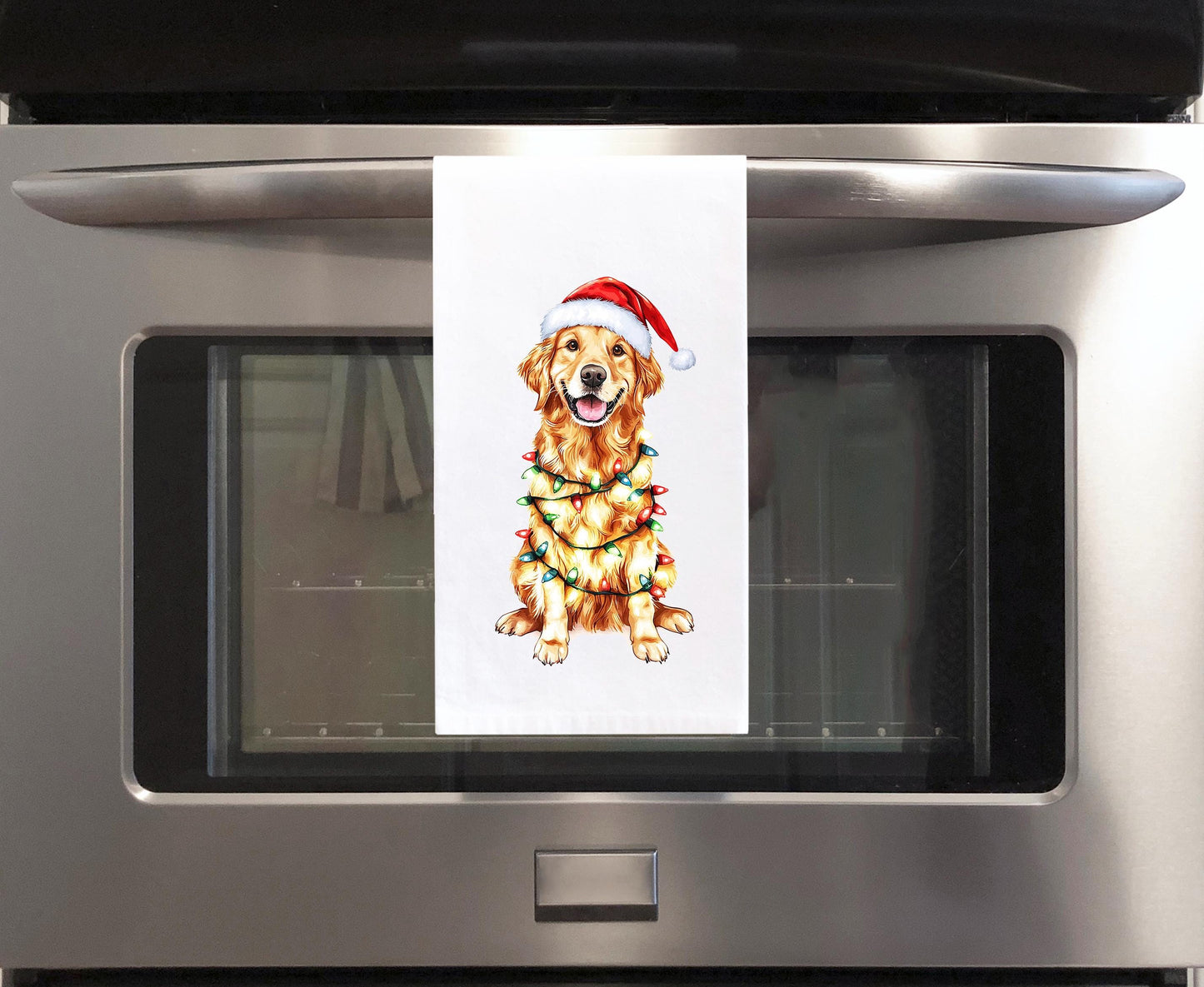Golden Retriever Wrapped in Christmas Lights Flour Sack Cotton Hand Towel Dog Lover Hostess Birthday Christmas Gift Idea