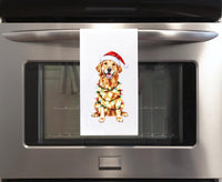 Golden Retriever Wrapped in Christmas Lights Flour Sack Cotton Hand Towel Dog Lover Hostess Birthday Christmas Gift Idea
