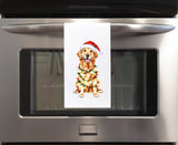 Golden Retriever Wrapped in Christmas Lights Flour Sack Cotton Hand Towel Dog Lover Hostess Birthday Christmas Gift Idea