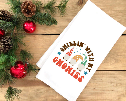 Chillin with My Gnomies Flour Sack Towel with Hanging Loop Funny Christmas Gnome Dish Hand Kitchen Bathroom Decor Holiday Decorations Gift