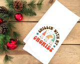 Chillin with My Gnomies Flour Sack Towel with Hanging Loop Funny Christmas Gnome Dish Hand Kitchen Bathroom Decor Holiday Decorations Gift
