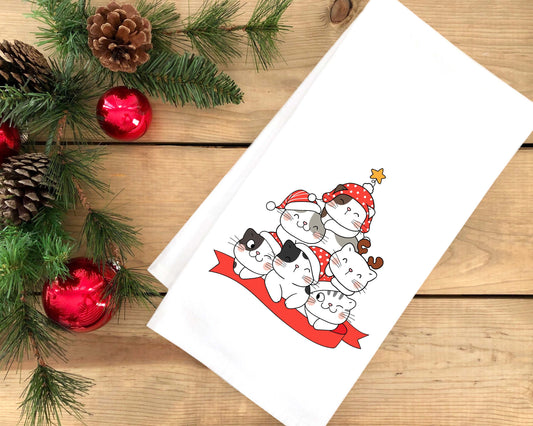 Cat Christmas Tree Flour Sack Dish Towels Hanging Loop Red Green White Funny Hand Towel Holiday Kitchen Decor Decorations Cute Gift Idea
