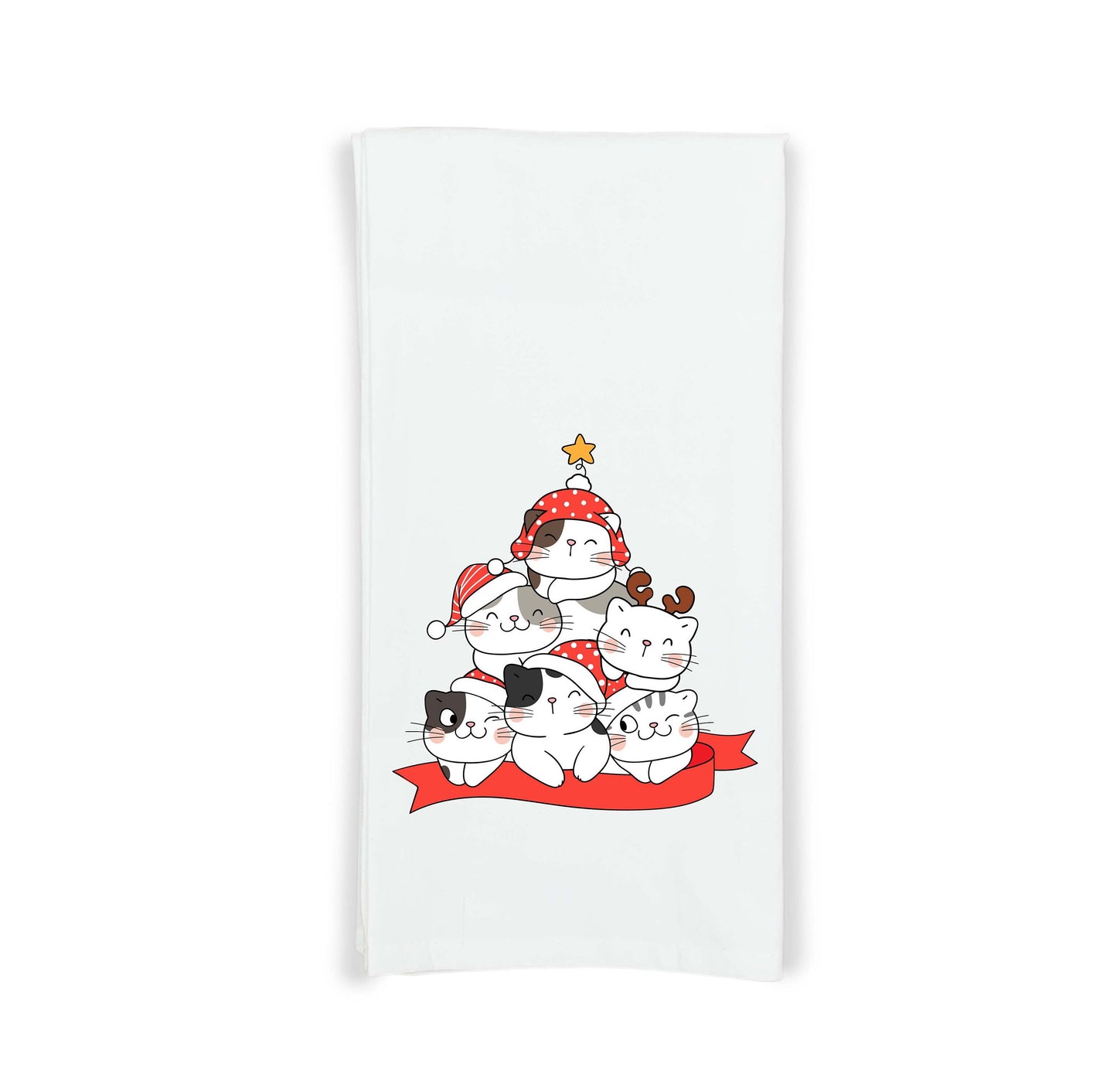 Cat Christmas Tree Flour Sack Dish Towels Hanging Loop Red Green White Funny Hand Towel Holiday Kitchen Decor Decorations Cute Gift Idea
