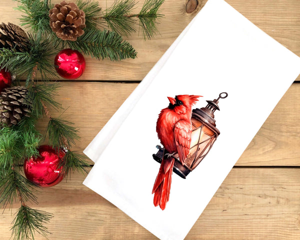 Christmas Cardinal and Lantern Tea Towel Cute Colorful Flour Sack Kitchen Towel Farmhouse Home Decor Decoration for Men Women Family Friends