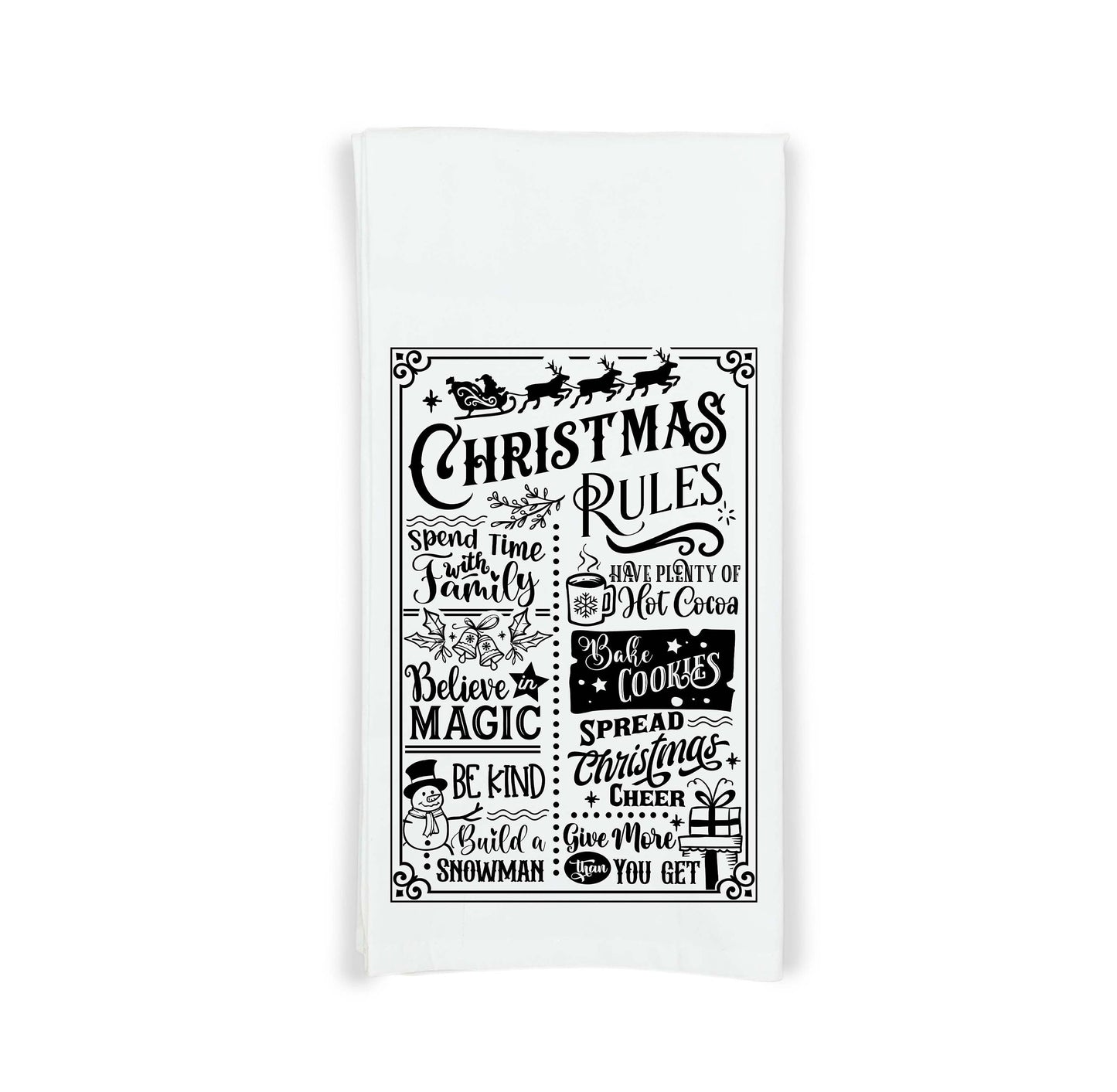 Christmas Rules Tea Towel Cute Black and White Flour Sack Kitchen Towel Farmhouse Home Decor Decoration for Men Women Family Friends