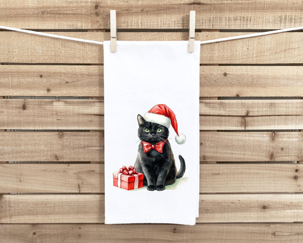 Black Cat Christmas Flour Sack Kitchen Towel Cute Xmas Kitty Dish Cloth Housewarming Hostess Birthday Christmas Gift