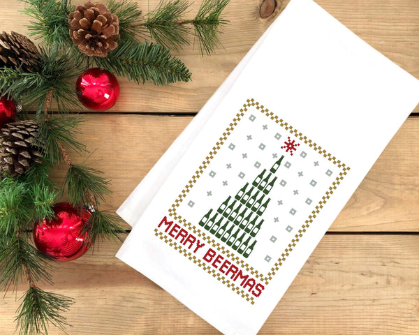 Merry Beermas Tea Towel Cute Blue and Red Flour Sack Kitchen Towel Home Decor Decorations for Beer Lover Men Women