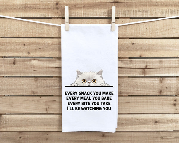 White Persian Cat Every Snack You Make Flour Sack Kitchen Towel Funny Peeking Kitty Dish Cloth Housewarming Hostess Birthday Christmas Gift