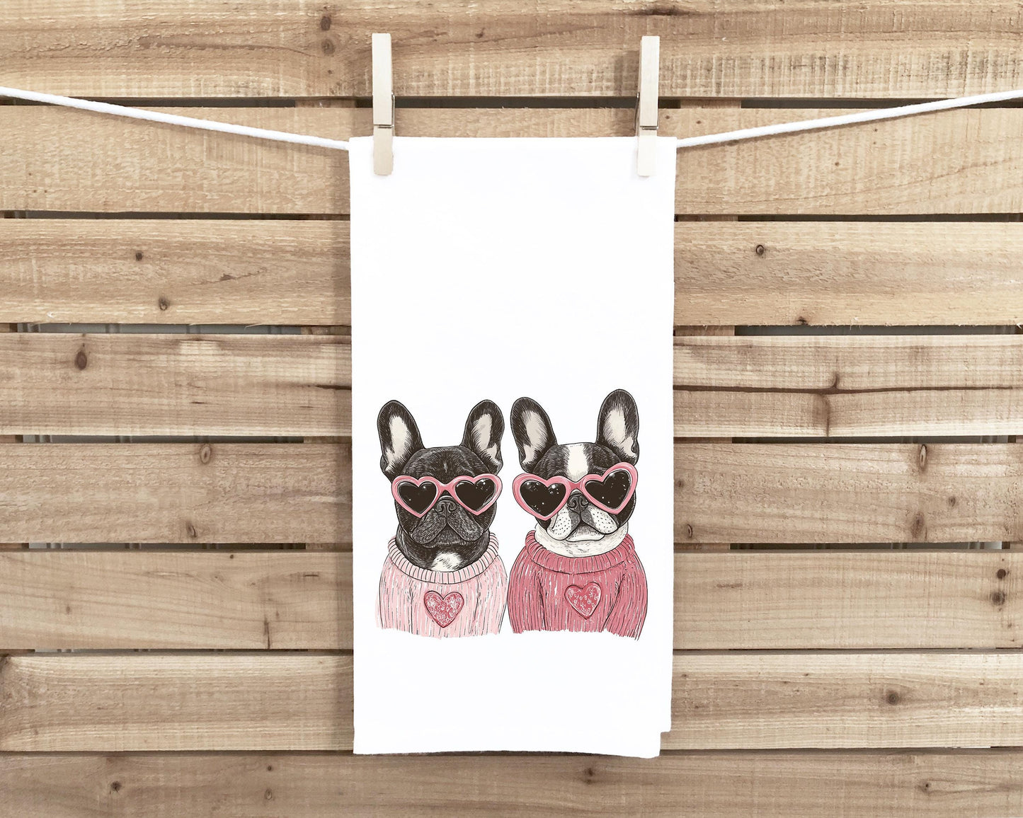 French Bulldogs Wearing Heart Shaped Sunglasses Flour Sack Tea Towel Valentine's Day Birthday Mother's Day Christmas Gift for Frenchie Lover