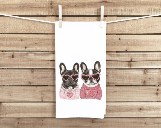 French Bulldogs Wearing Heart Shaped Sunglasses Flour Sack Tea Towel Valentine's Day Birthday Mother's Day Christmas Gift for Frenchie Lover