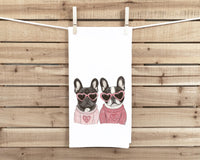 French Bulldogs Wearing Heart Shaped Sunglasses Flour Sack Tea Towel Valentine's Day Birthday Mother's Day Christmas Gift for Frenchie Lover