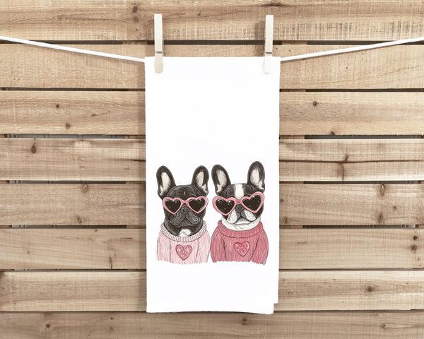 French Bulldogs Wearing Heart Shaped Sunglasses Flour Sack Tea Towel Valentine's Day Birthday Mother's Day Christmas Gift for Frenchie Lover