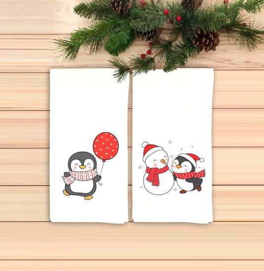 Set of 2 Christmas Penguin Flour Sack Dish Towels Hanging Loop Red Green White Funny Hand Towel Holiday Kitchen Decor Decorations Cute Gift