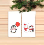Set of 2 Christmas Penguin Flour Sack Dish Towels Hanging Loop Red Green White Funny Hand Towel Holiday Kitchen Decor Decorations Cute Gift