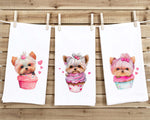 Set of 3 Yorkie Flour Sack Kitchen Towels Cute Yorkshire Terrier Dog Lover Cupcake Heart Hand Tea Dish Towel Valentine's Day Birthday Gift
