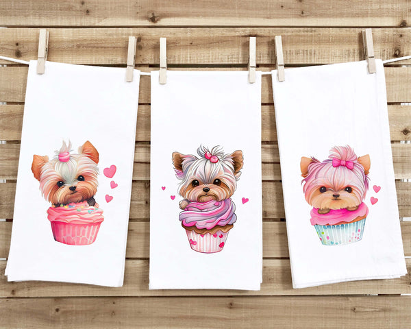 Set of 3 Yorkie Flour Sack Kitchen Towels Cute Yorkshire Terrier Dog Lover Cupcake Heart Hand Tea Dish Towel Valentine's Day Birthday Gift