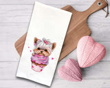 Set of 3 Yorkie Flour Sack Kitchen Towels Cute Yorkshire Terrier Dog Lover Cupcake Heart Hand Tea Dish Towel Valentine's Day Birthday Gift