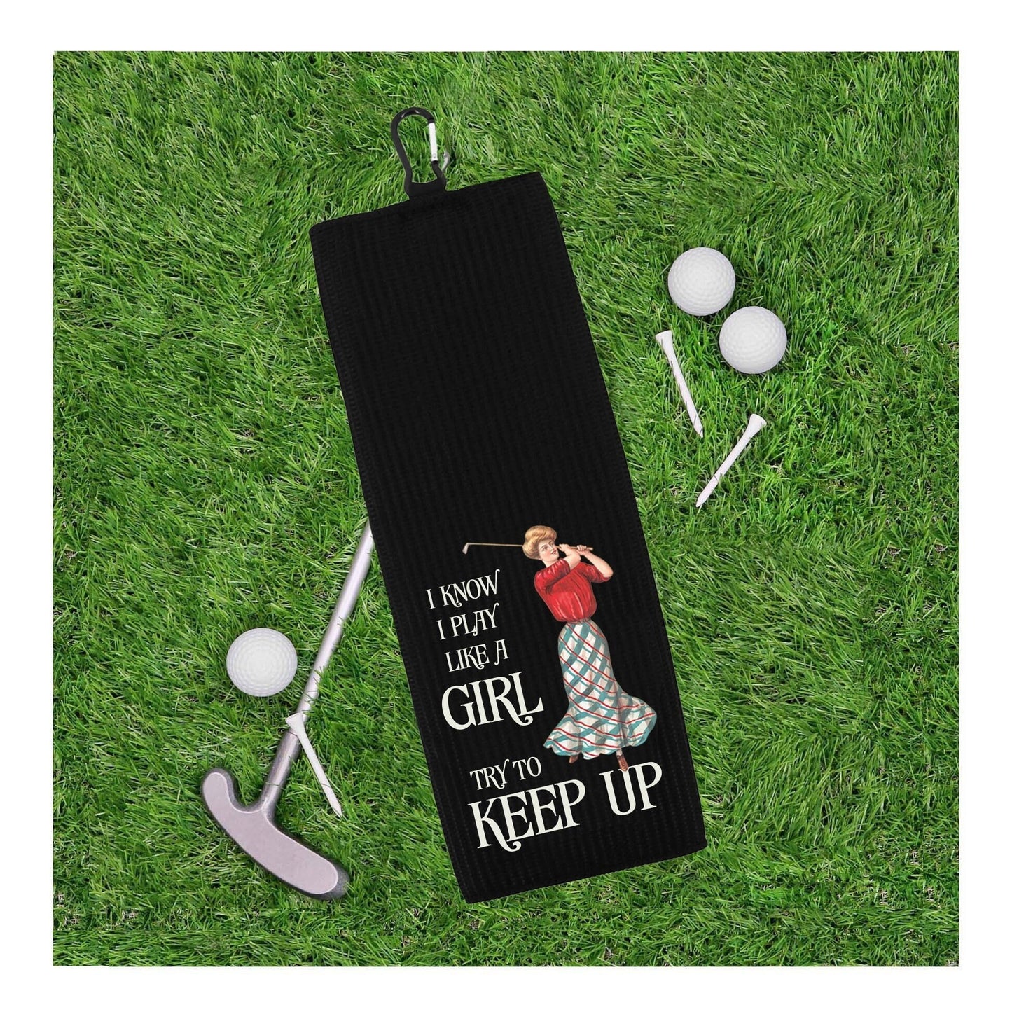 I Know I Play Like a Girl Try to Keep Up Vintage Tri-fold Golf Towel w/ Clip 100% Microfiber Waffle Weave Gift for Women Mom Daughter Friend